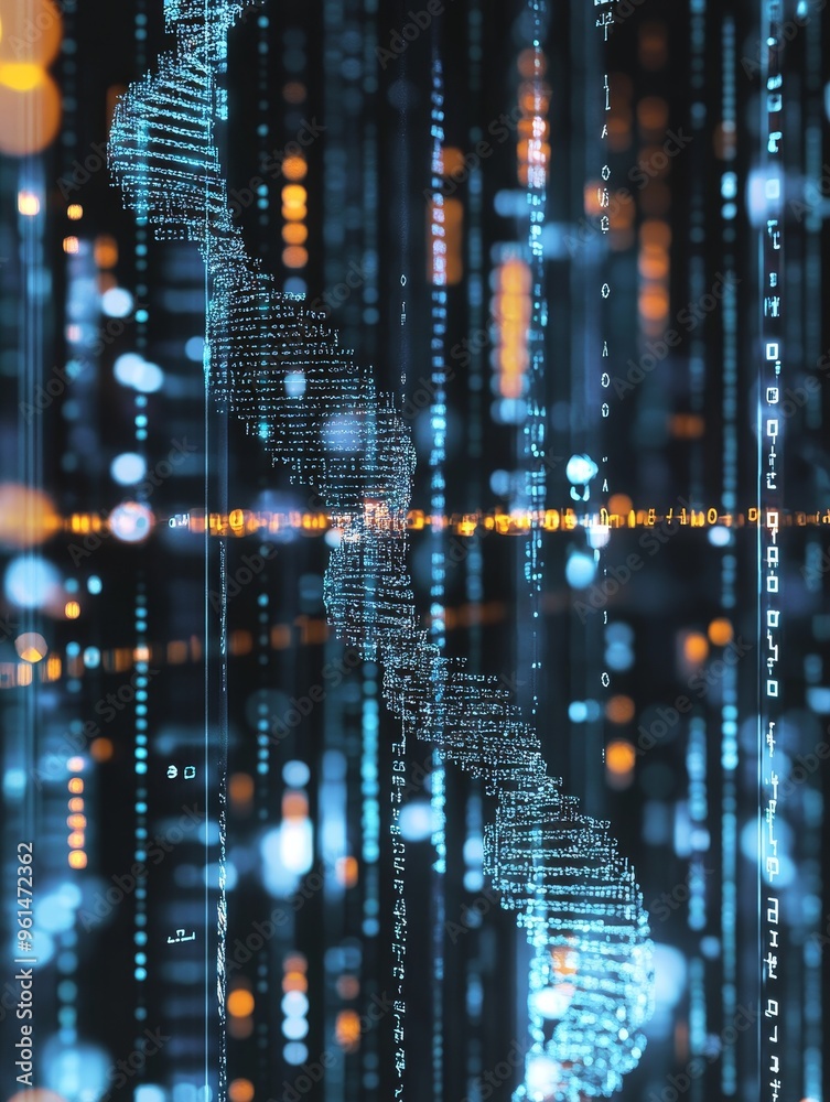 Obraz premium A digital representation of DNA code, showcasing the intricate structure and potential of genetic research. The image symbolizes innovation, scientific discovery, and the future of healthcare.