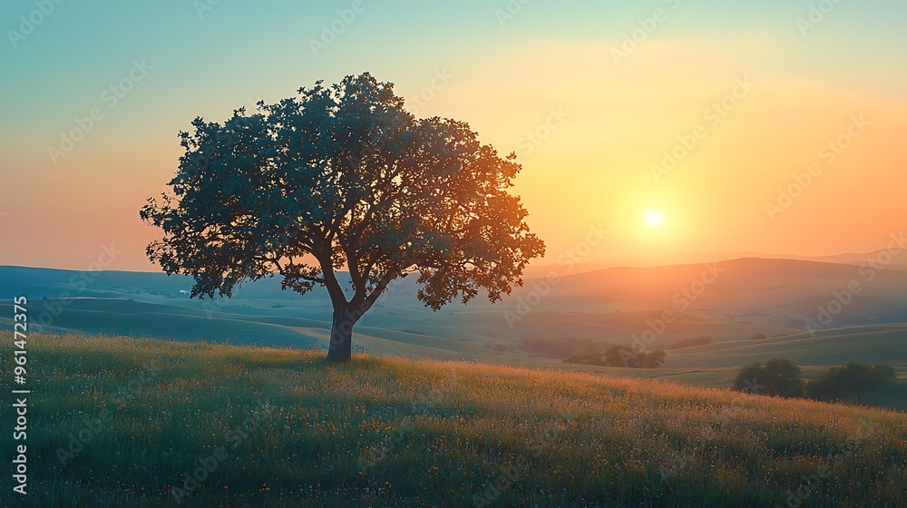 Obraz premium A solitary tree sits on a hilltop at sunset, framed by rolling hills and a warm sky.