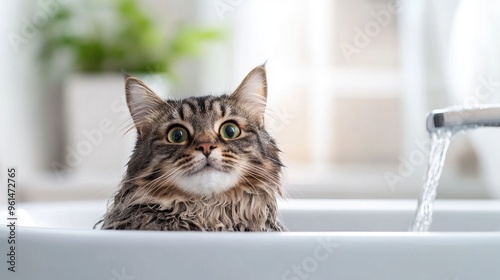 Wallpaper Mural Cat sitting calmly in a shallow bath, with a gentle stream of water rinsing its fur, and a relaxed expression. The setting is a bright, clean bathroom. Torontodigital.ca