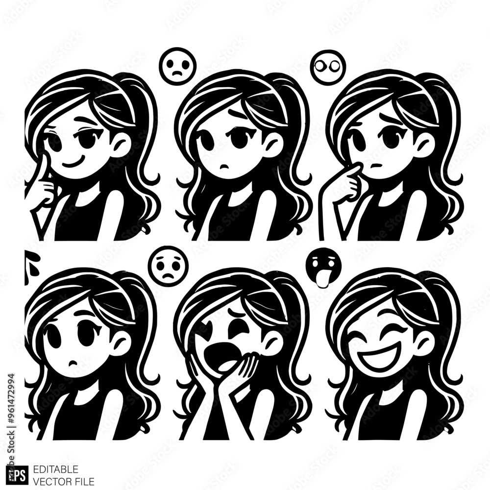 set of girls cartoon illustration graphic design black and white vector clip art silhouette set of girls cartoon illustration graphic design black and white vector clip art silhouette