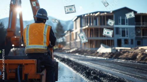 Wallpaper Mural A road repair worker operates a machine in front of a partially constructed residential building, with floating dollar icons representing the investment in infrastructure and housi Torontodigital.ca