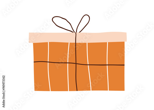 Gift box with festive bow, wrapped in striped paper and twine, string. Birthd...