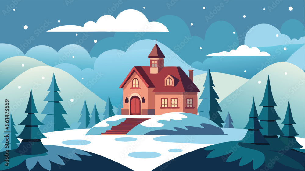 Naklejka premium hill-and-forest-in-winter-time--a-house-in-the-mid.eps