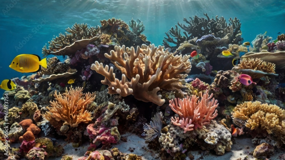 Vibrant coral reef scene, isolated on clear backdrop Vibrant coral reef scene, isolated on clear backdrop