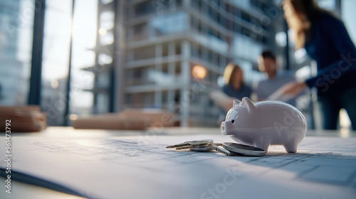 A set of apartment keys, a piggy bank, and an architectural plan of a building are placed on a table. The blurred background shows a delighted family admiring their future home, un photo