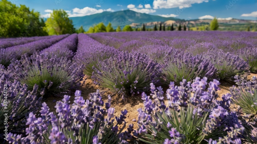 Naklejka premium Vibrant lavender blossoms in valley, blue sky backdrop