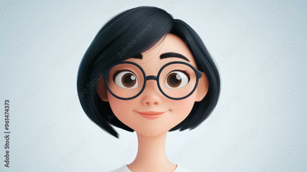 A cheerful young woman with short black hair and glasses brings joy in this vibrant 3D cartoon illustration. A cheerful young woman with short black hair and glasses brings joy in this vibrant 3D cartoon illustration.
