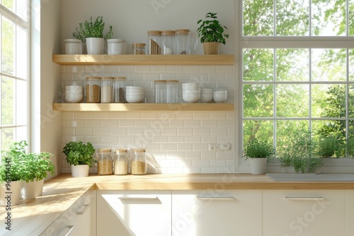 Bright kitchen with shelves, plants, and glass containers for storage.