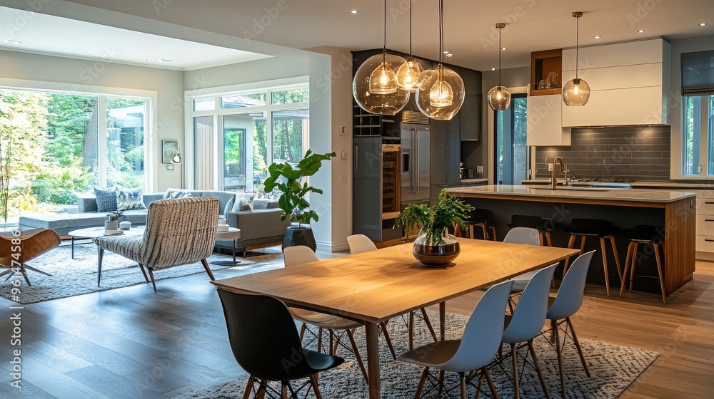 Fototapeta premium Chic open-concept space featuring a stylish dining table, comfortable lounge area, and a contemporary kitchen, with an emphasis on seamless design and flow.