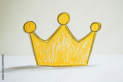 Charming Yellow Crown Illustration with Minimalist Lines, Created with Crayons on White Paper in Clip Art Style