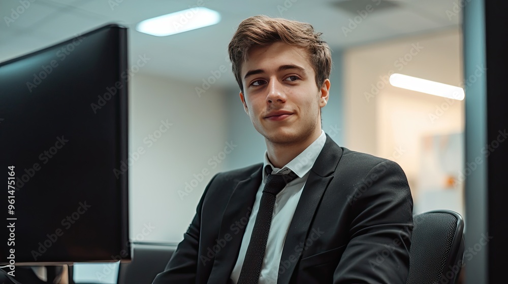 A young office worker in neat business attire, looking pleased while reviewing positive feedback on a report, with a tidy desk and computer screen visible. A young office worker in neat business attire, looking pleased while reviewing positive feedback on a report, with a tidy desk and computer screen visible.