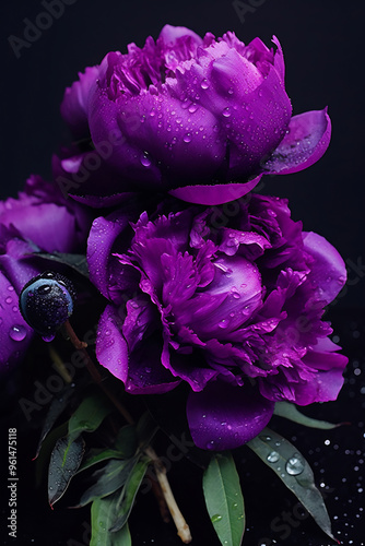 Two purple flowers with water droplets