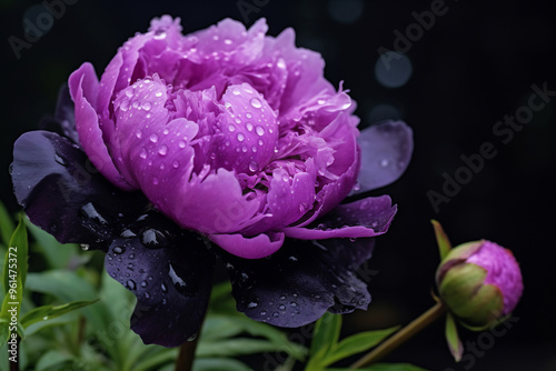 Glistening purple flower with water droplets