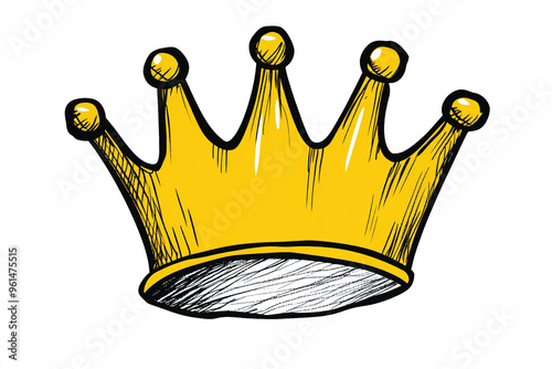 Adorable Hand-Drawn Yellow Crown with Simple Lines, Crayon Artwork on White Paper, Clip Art Style Illustration