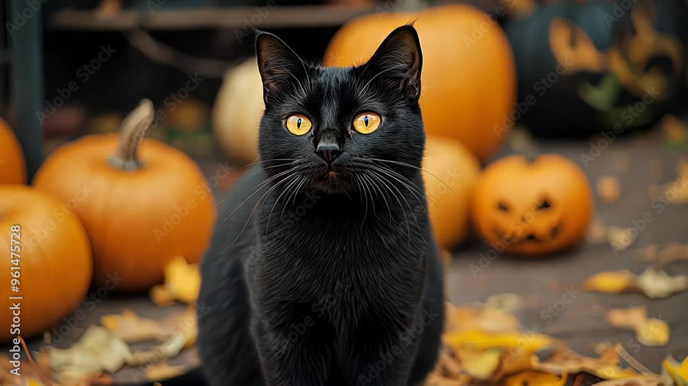 Black cat with intense orange eyes lying near pumpkins in a cozy halloween atmosphere Black cat with intense orange eyes lying near pumpkins in a cozy halloween atmosphere