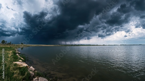 Stormy Sky Over Calm Lake with Green Grass