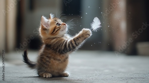 Chubby kitten playfully batting at a feather toy, its big round belly jiggling as it moves, capturing the fun and cuteness of the moment. photo