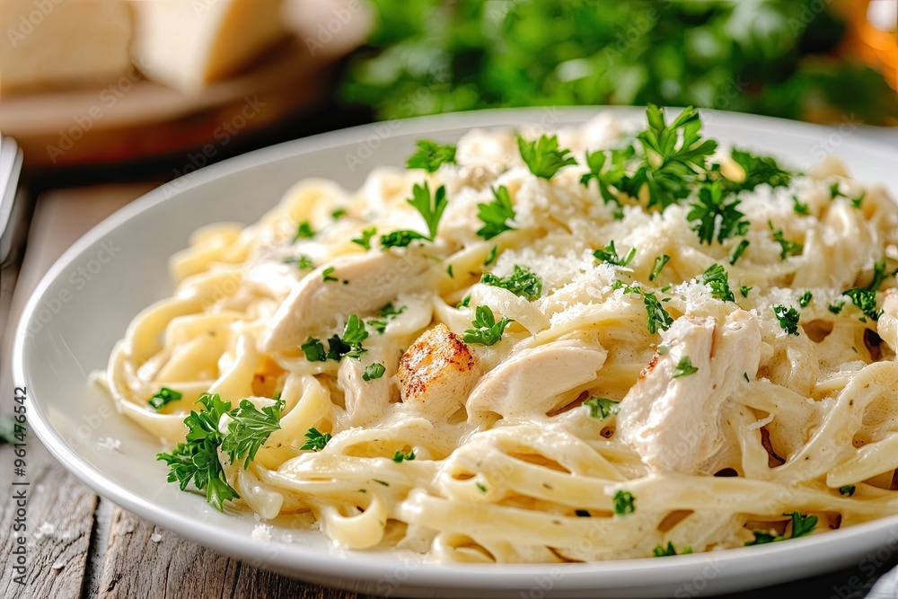 A creamy chicken Alfredo pasta with fettuccine, garnished with parsley and Parmesan A creamy chicken Alfredo pasta with fettuccine, garnished with parsley and Parmesan