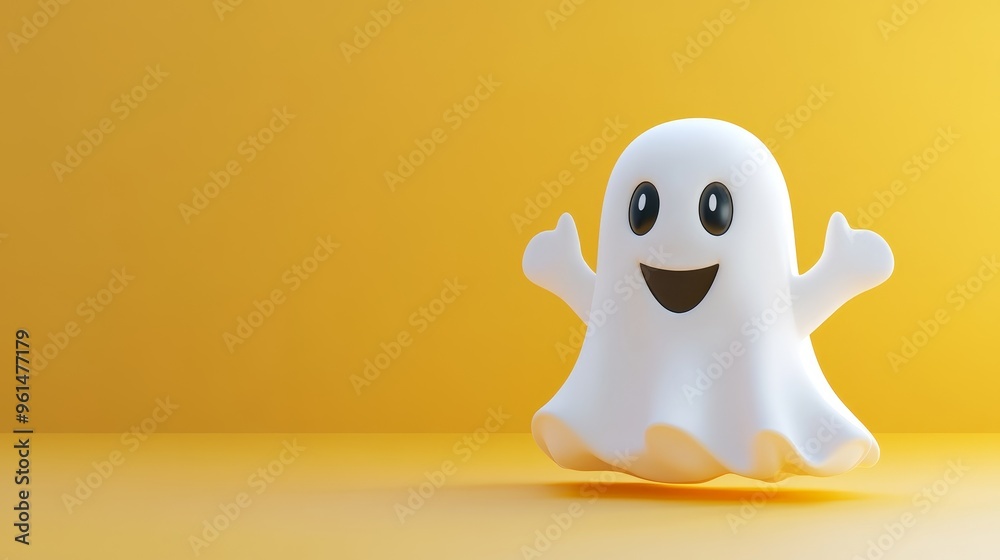 A friendly and cheerful 3D white ghost with a big smile, floating on a bright yellow background, symbolizing playfulness, innocence, and the spirit of Halloween. A friendly and cheerful 3D white ghost with a big smile, floating on a bright yellow background, symbolizing playfulness, innocence, and the spirit of Halloween.