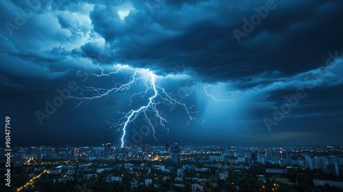 Lightning Strike Over Cityscape at Night