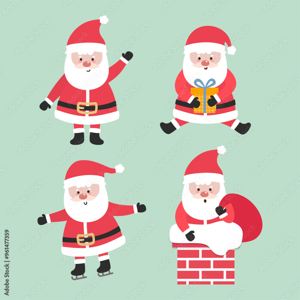 Set of cartoon Christmas illustrations. Funny happy Santa Claus character with gift, bag with presents, waving and greeting. Set of cartoon Christmas illustrations. Funny happy Santa Claus character with gift, bag with presents, waving and greeting.