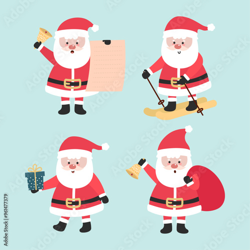 Set of cartoon Christmas illustrations.Set of funny Santa Claus character celebrating Christmas.