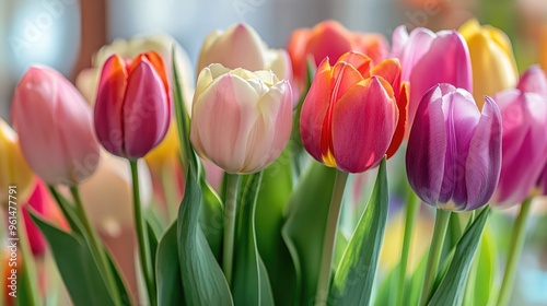 Close-up of a bunch of colorful tulips with varying hues, highlighting the texture and vibrancy of each flower.