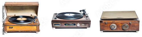 Isolated Vintage Turntables with Open and Closed Cases, Front View Display of Three Different Classic Record Players on White Background