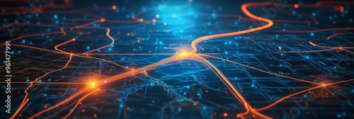 A futuristic digital roadmap concept with glowing orange route lines connecting various points on a blue network, symbolizing global connectivity, data flow, technological advancement, and the interco