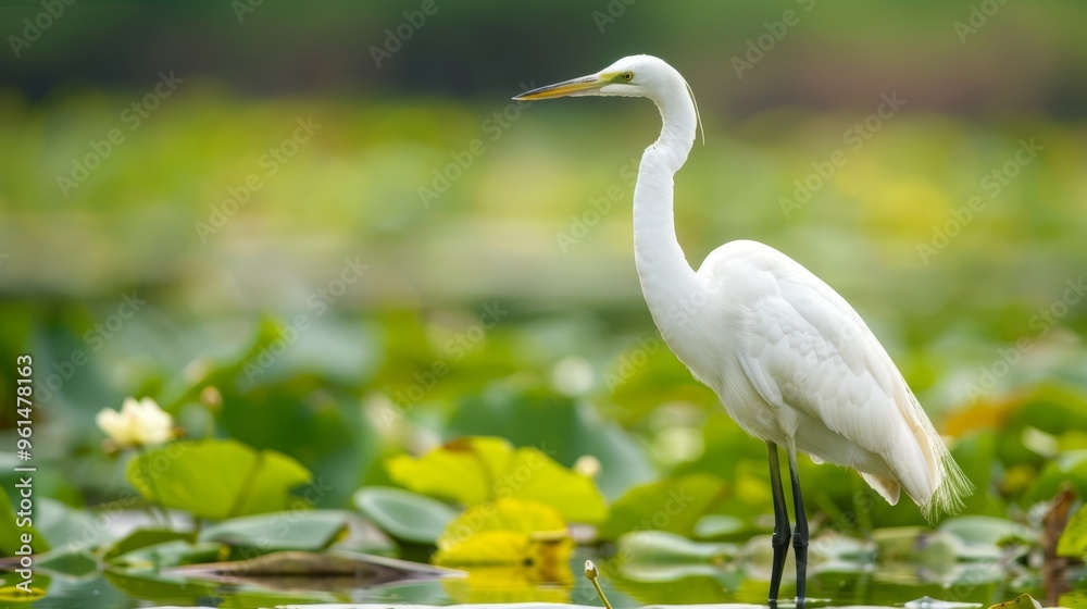 A white bird with a long neck wades in a pond, surrounded by emerald green plants and floating water lilies A white bird with a long neck wades in a pond, surrounded by emerald green plants and floating water lilies