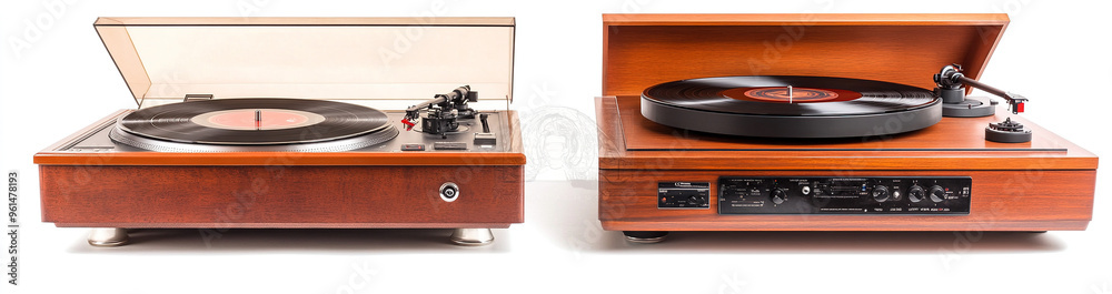 Obraz premium Isolated Vintage Turntables with Open and Closed Cases, Front View Display of Three Different Classic Record Players on White Background
