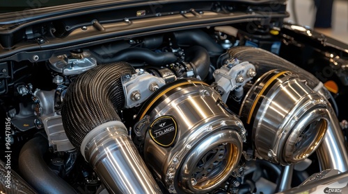 Close Up of Shiny Metal Car Engine with Carbon Fiber Parts