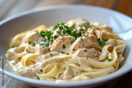 A creamy chicken Alfredo pasta with fettuccine, garnished with parsley and Parmesan
