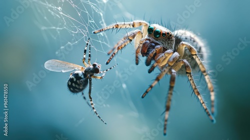 A spider catching a fly in its web, illustrating a secondary consumer in a terrestrial food chain photo