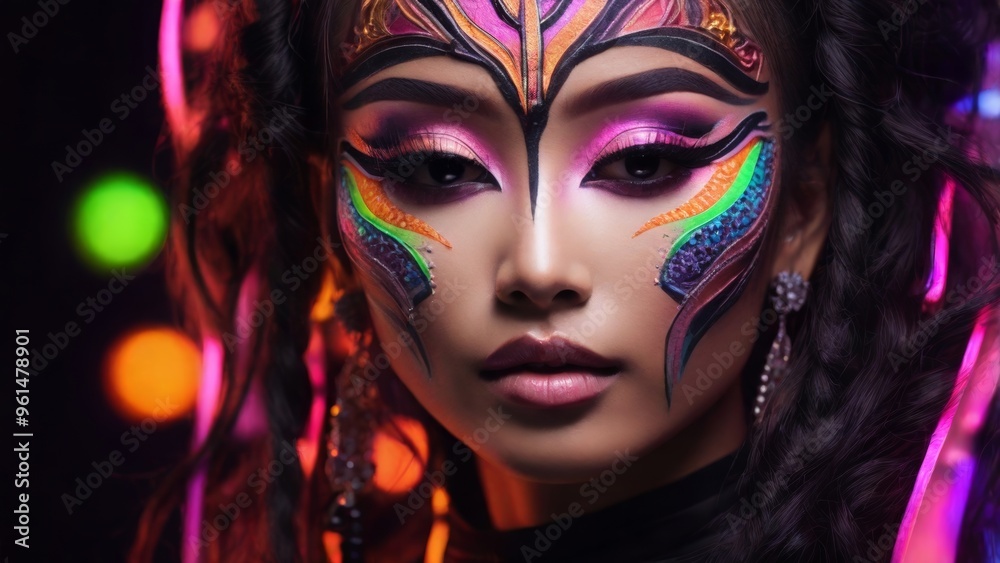 Asian woman with pink, orange, green and purple neon mascara and eyeliner, glowing in the dark Y3K style Asian woman with pink, orange, green and purple neon mascara and eyeliner, glowing in the dark Y3K style