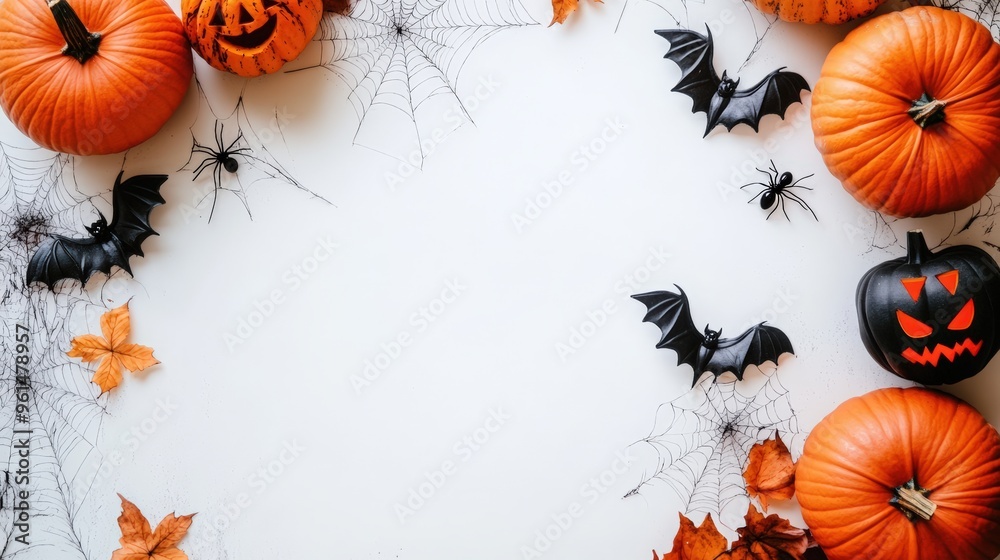 Halloween background with pumpkins, bats, and spider webs on a white tabletop. Halloween party decoration concept. Halloween-themed frame design template. Halloween background with pumpkins, bats, and spider webs on a white tabletop. Halloween party decoration concept. Halloween-themed frame design template.