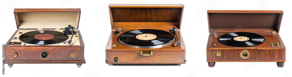 Three Types of Vintage Turntables in Open and Closed Cases Isolated on ...