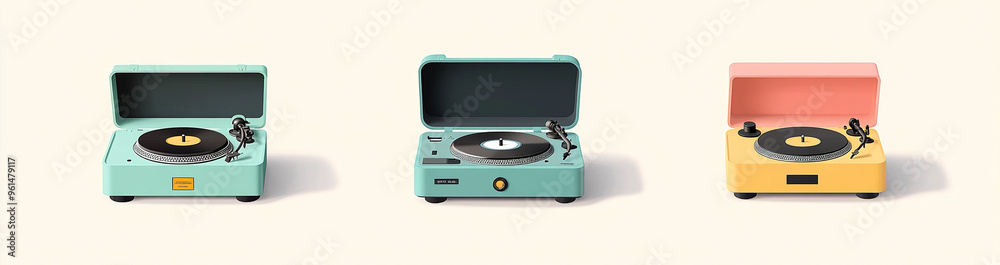 Fototapeta premium Classic Vintage Record Players with Open and Closed Cases Displayed on White Background, Front Perspective of Three Distinct Turntable Designs