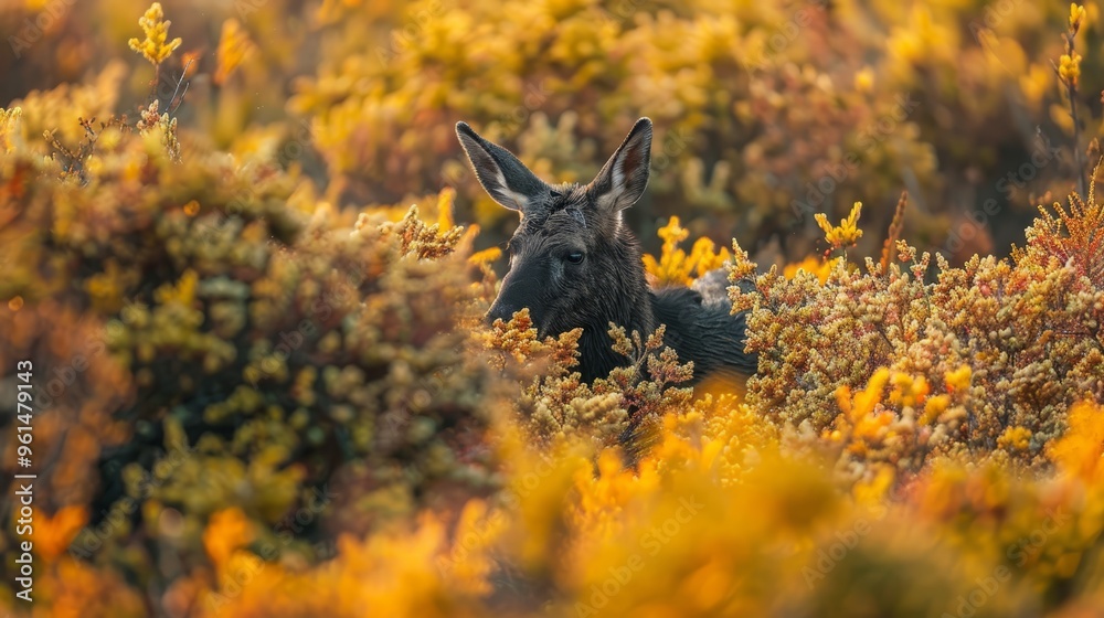 Obraz premium A tight shot of a small creature amidst a sea of grass and shrubs, adorned with yellow and orange blooms