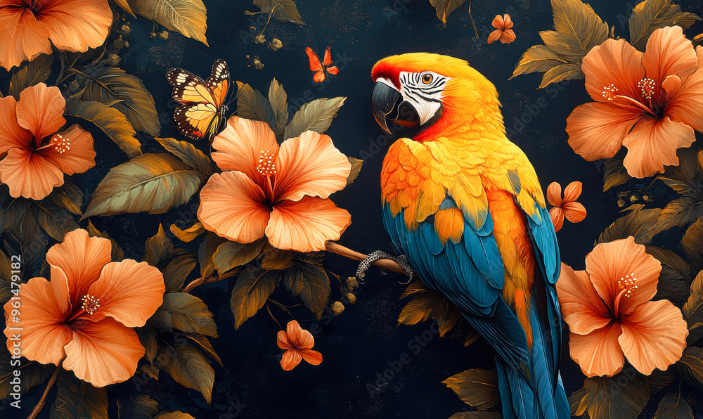 Vibrant image of a colorful parrot surrounded by orange hibiscus flowers and butterflies, ideal for tropical themes, nature-related projects, exotic travel promotions, and decorative art prints, Vibrant image of a colorful parrot surrounded by orange hibiscus flowers and butterflies, ideal for tropical themes, nature-related projects, exotic travel promotions, and decorative art prints,