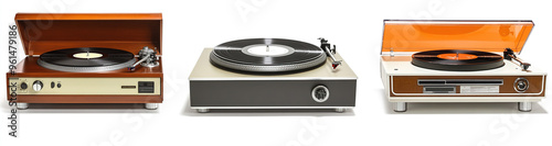 Classic Vintage Record Players with Open and Closed Cases Displayed on White Background, Front Perspective of Three Distinct Turntable Designs