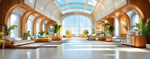 Modern Lobby with Skylight and City View.