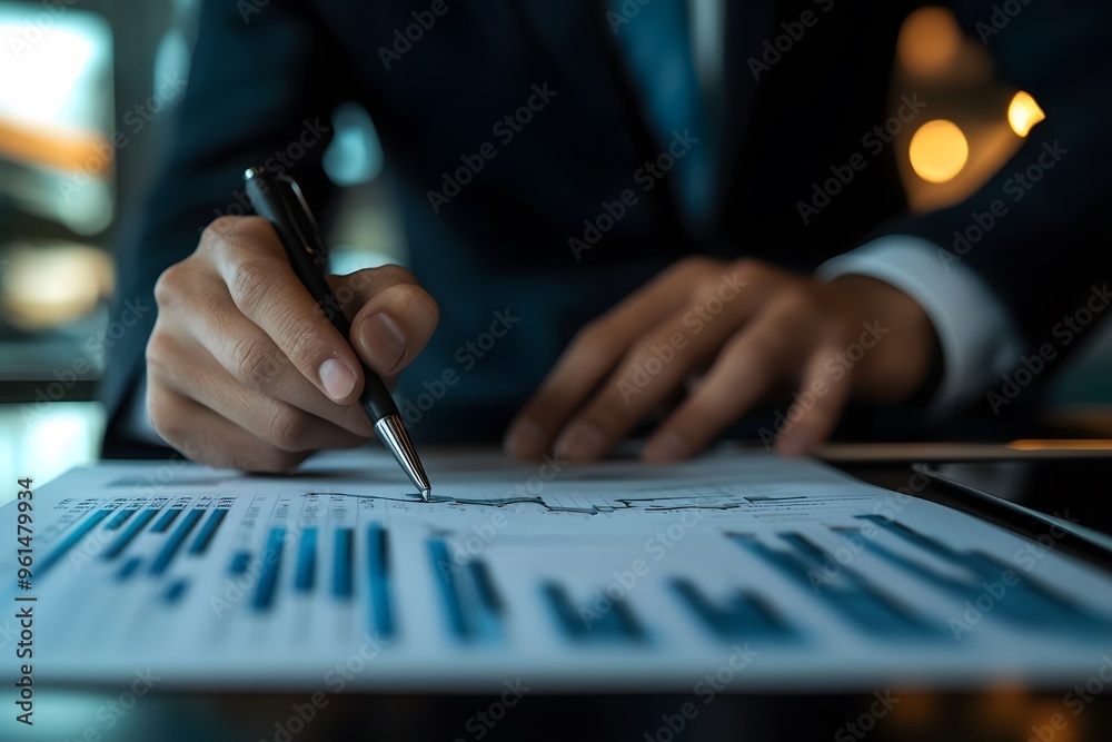 Businessperson analyzing data on a chart with a pen Businessperson analyzing data on a chart with a pen