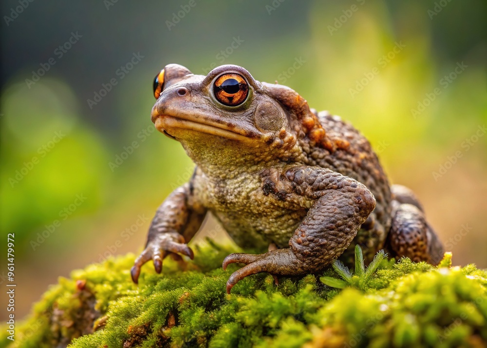 A tiny European common toad, Bufo bufo, perches on a moss-covered stone, its warty brown skin and golden eyes blending with the natural surroundings. A tiny European common toad, Bufo bufo, perches on a moss-covered stone, its warty brown skin and golden eyes blending with the natural surroundings.