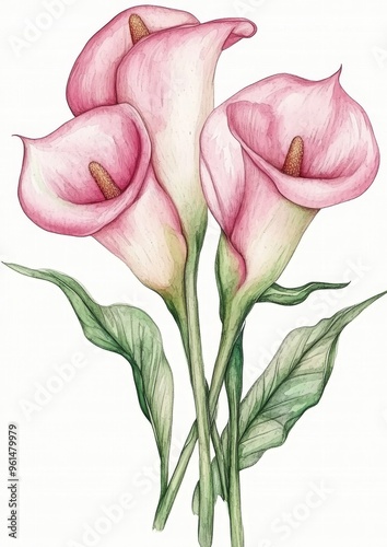 Pink calla lily Zantedeschia rehmannii bouquet isolated on white background. Illustration in watercolor. photo