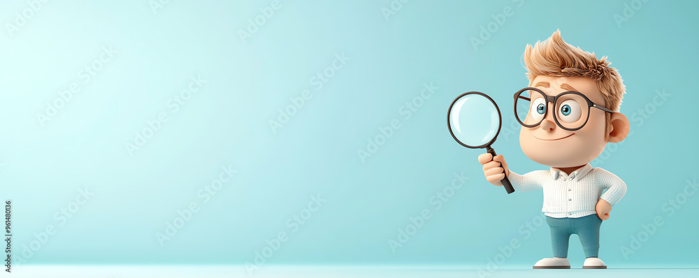Curious child with glasses holding a magnifying glass, ready to explore and discover new things with a joyful expression. Curious child with glasses holding a magnifying glass, ready to explore and discover new things with a joyful expression.