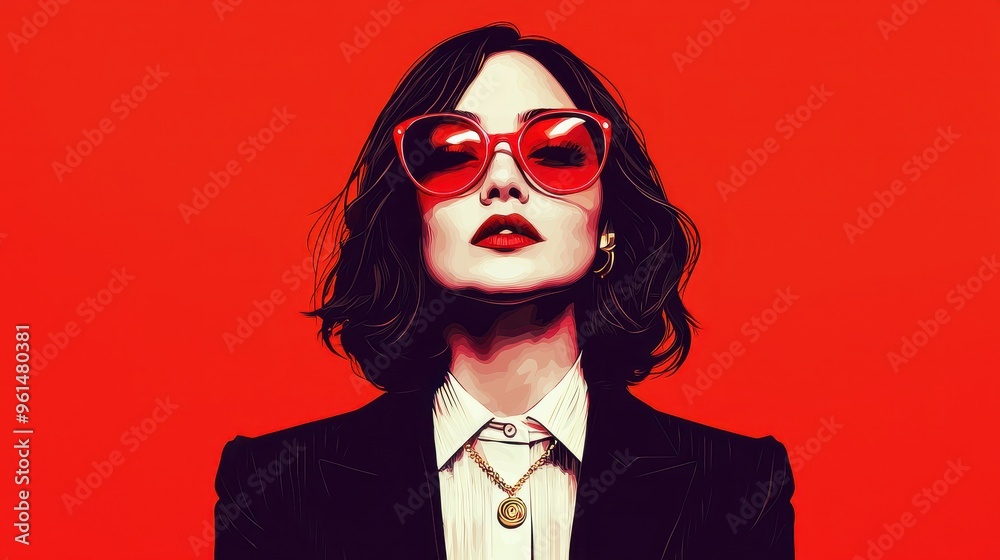 Stylish Woman in Red Sunglasses and Blazer on Red Background Stylish Woman in Red Sunglasses and Blazer on Red Background