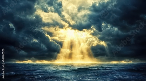 Wallpaper Mural Dramatic Ocean Sunset with Golden Rays Through Dark Clouds Torontodigital.ca