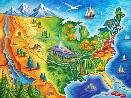 A vibrant, high-contrast illustration of the West Coast of America, showcasing California, Oregon, Washington, and surrounding territories in bold colors and precise geographical detail. photo