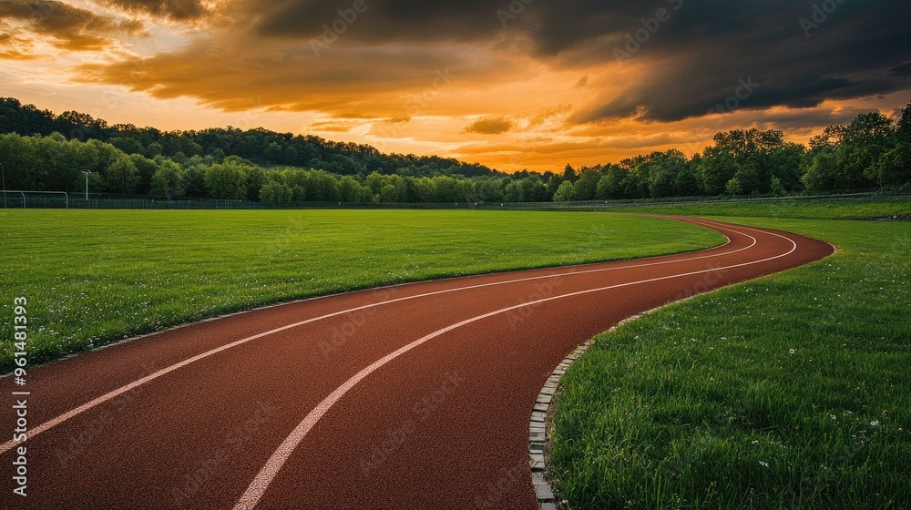 A running track curving through green fields with a dramatic sky in the background. A running track curving through green fields with a dramatic sky in the background.